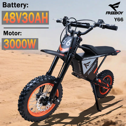 FREEBOY Electric Bike Y66 3000W Motor 48V30AH Battery Off-Road Electric Motorcycle 12/10 Inch Fat Tire All-Terrain E-Motorcycle Torange