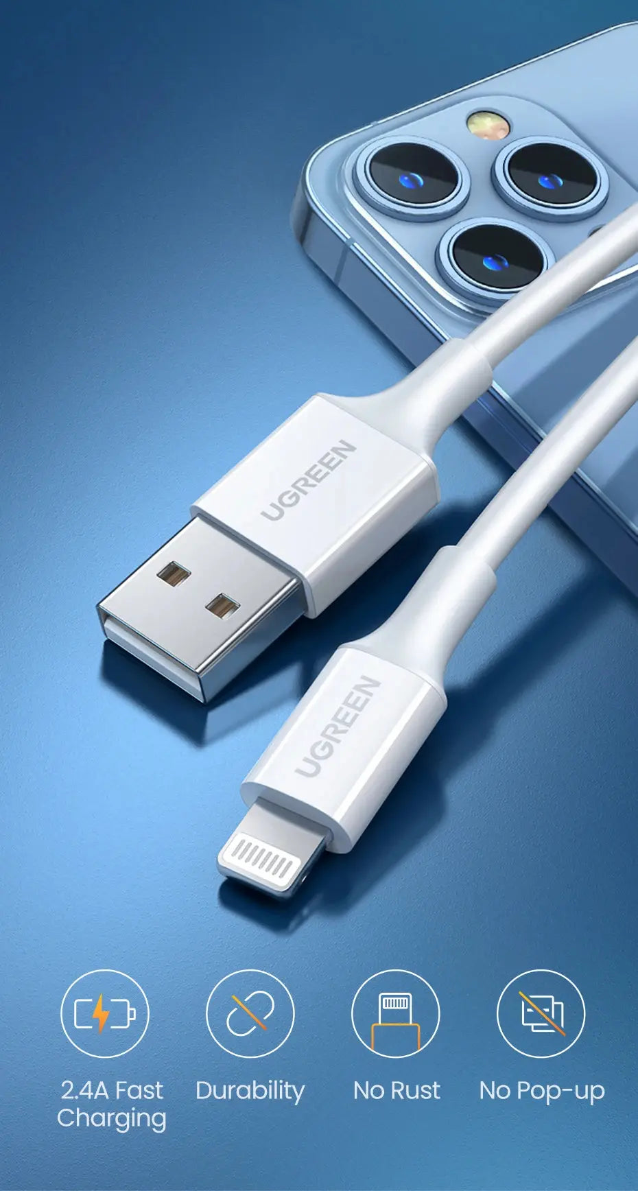 UGREEN MFi USB to Lightning Cable for iPhone 14 13 12 Pro Max 2.4A Fast Charging for iPhone for iPad Phone Data Cable Torange