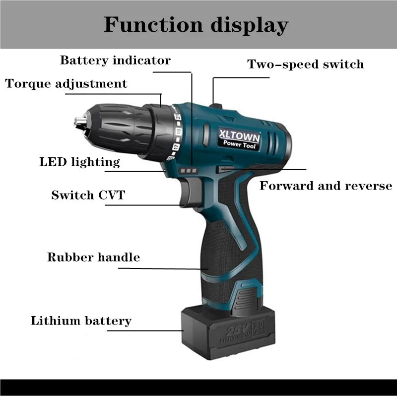 XLTOWN 16.8V/25V Cordless Electric Drill Rechargeable Lithium Battery Household Multifunction Electric Screwdriver