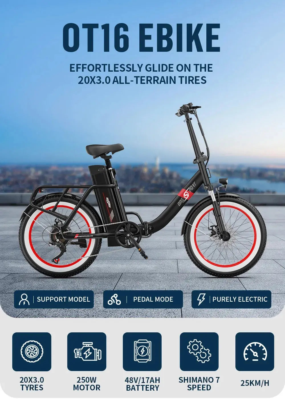 ONESPORT OT16-2 Folding E-Bike, 20'' Tires, 250W Motor, 48V 17Ah Battery, Shimano 7-Speed, 25km/h, Disc Brakes Torange