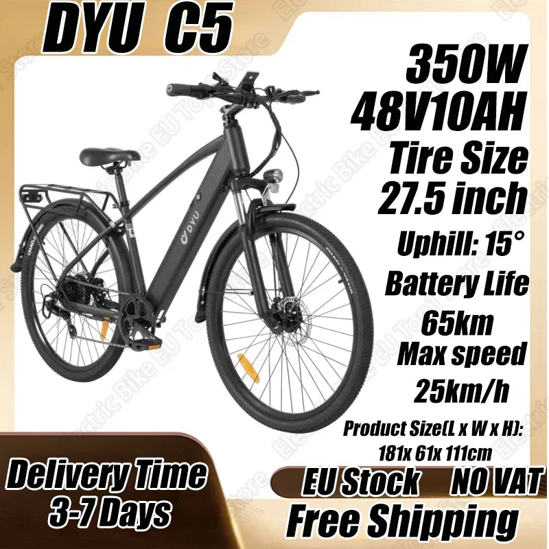 Electric Bicycle DYU C5 350W Brushless Motor 48V10AH Built-in Lithium Battery E-bike 27.5 Inch Tire Adult Urban Electric Bike