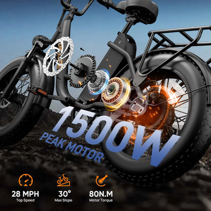 URLIFE E20Pro Adult 1500W Peak Power Motor 48V15.6Ah Battery Electric Bicycle E-bike 20*4Inch All Terrain Fat Tire Electric Bike Torange