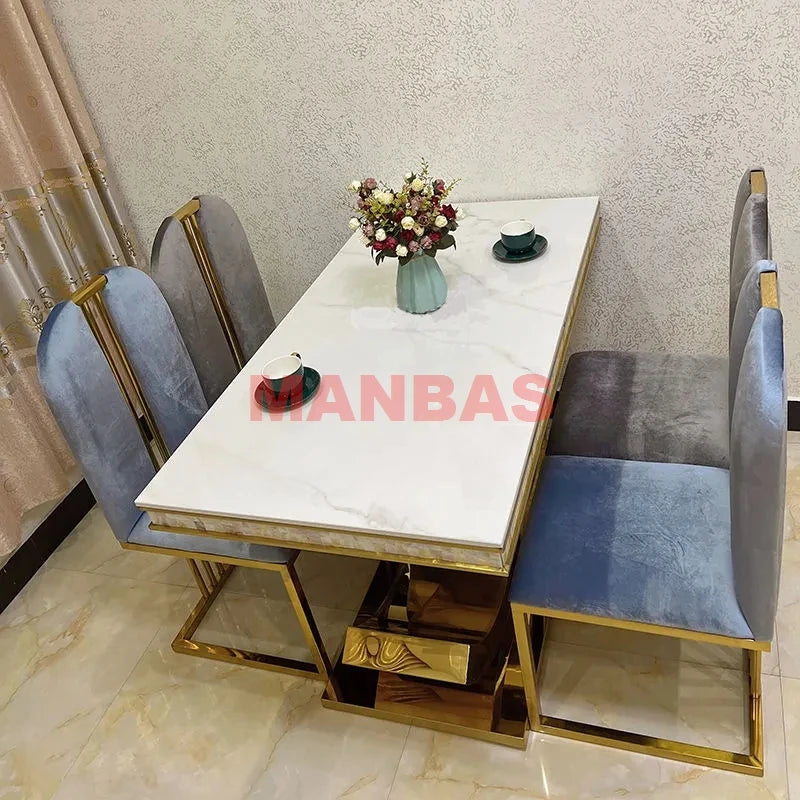 MANBAS Stainless Steel Dining Table with Sintered Stone / Marble Top Designer Mesas De Comedor with Sea Shell  Kitchen Furniture