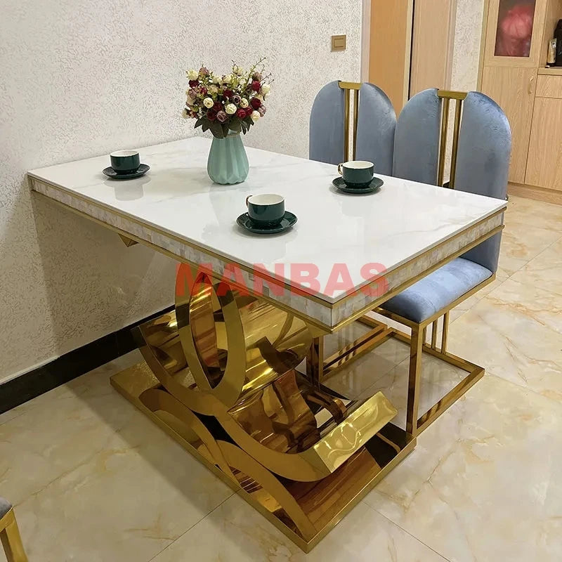 MANBAS Stainless Steel Dining Table with Sintered Stone / Marble Top Designer Mesas De Comedor with Sea Shell  Kitchen Furniture