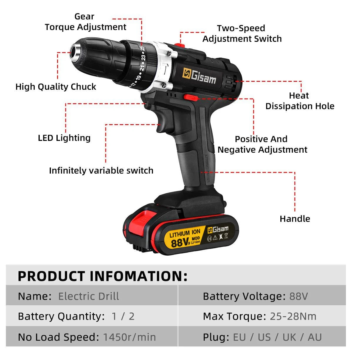Gisam 88VF Cordless Impact Drill Electric Screwdriver Electric Hammer Drill Mini Wireless Hand Drill Lithium-Ion Battery Power Tools