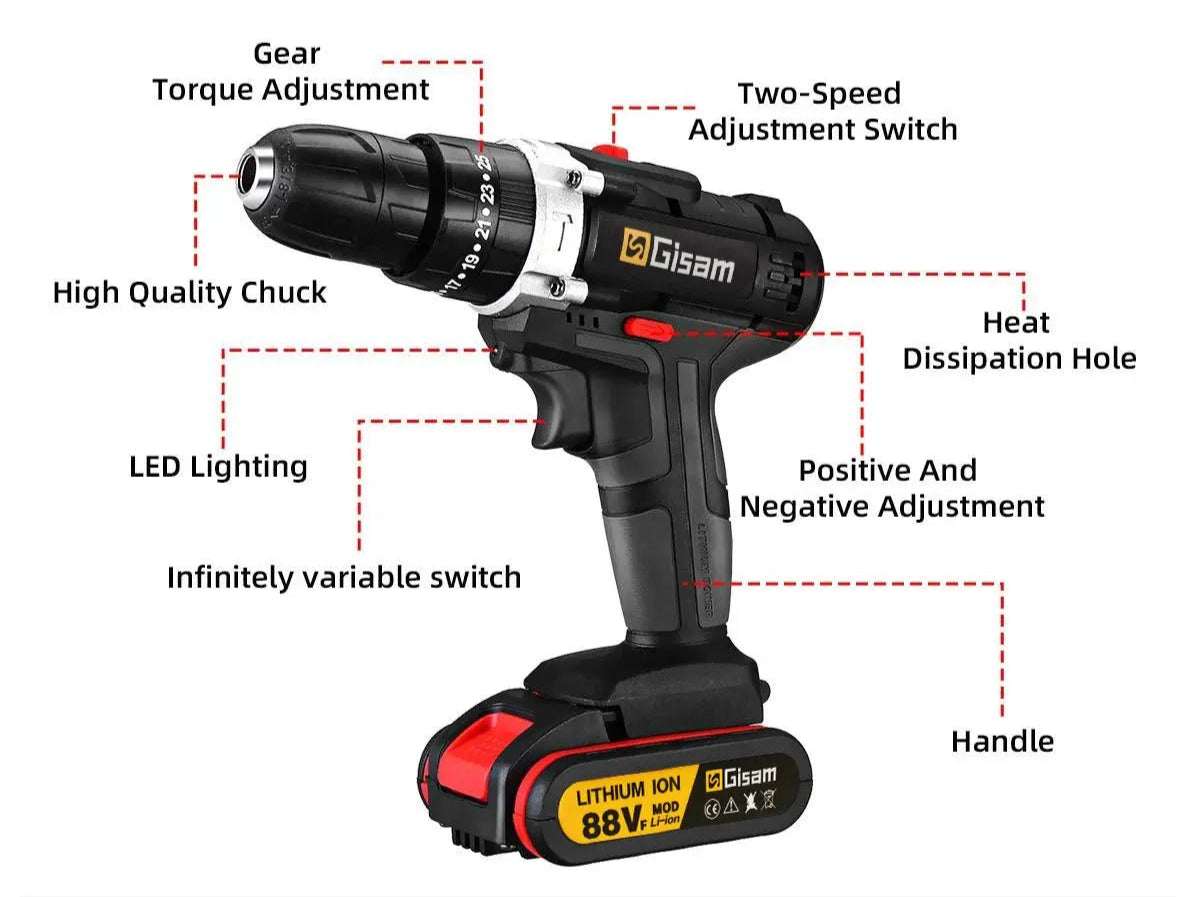 Gisam 88VF Cordless Impact Drill Electric Screwdriver Electric Hammer Drill Mini Wireless Hand Drill Lithium-Ion Battery Power Tools DS