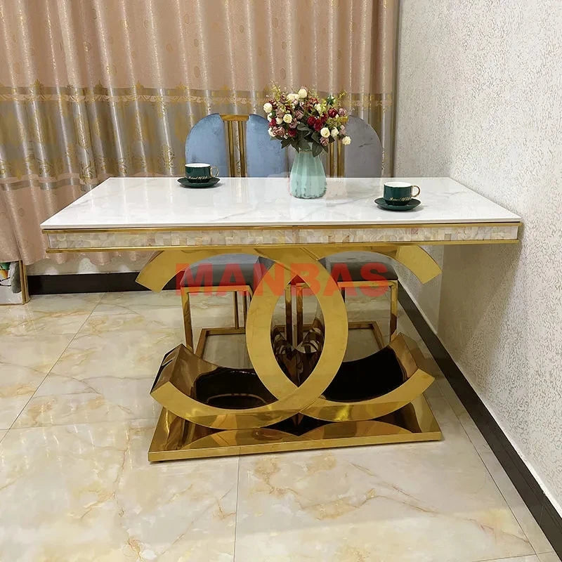 MANBAS Stainless Steel Dining Table with Sintered Stone / Marble Top Designer Mesas De Comedor with Sea Shell  Kitchen Furniture