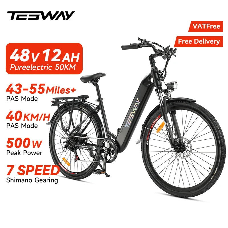TESWAY E Bike For Adults 500W Motor 48V 12AH Battery 27.5*2.4-inch Tires 40km/h Max Speed 90km Range Mechanical Disc Brakes