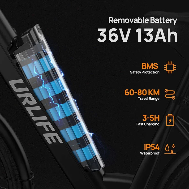 E-bike URLIFE E26 250W Motor 36V13AH Removable Battery High Carbon Steel Frame Electric Bicycle 26 inch Tire Adult Electric Bike Torange