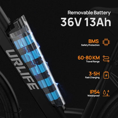 E-bike URLIFE E26 250W Motor 36V13AH Removable Battery High Carbon Steel Frame Electric Bicycle 26 inch Tire Adult Electric Bike Torange