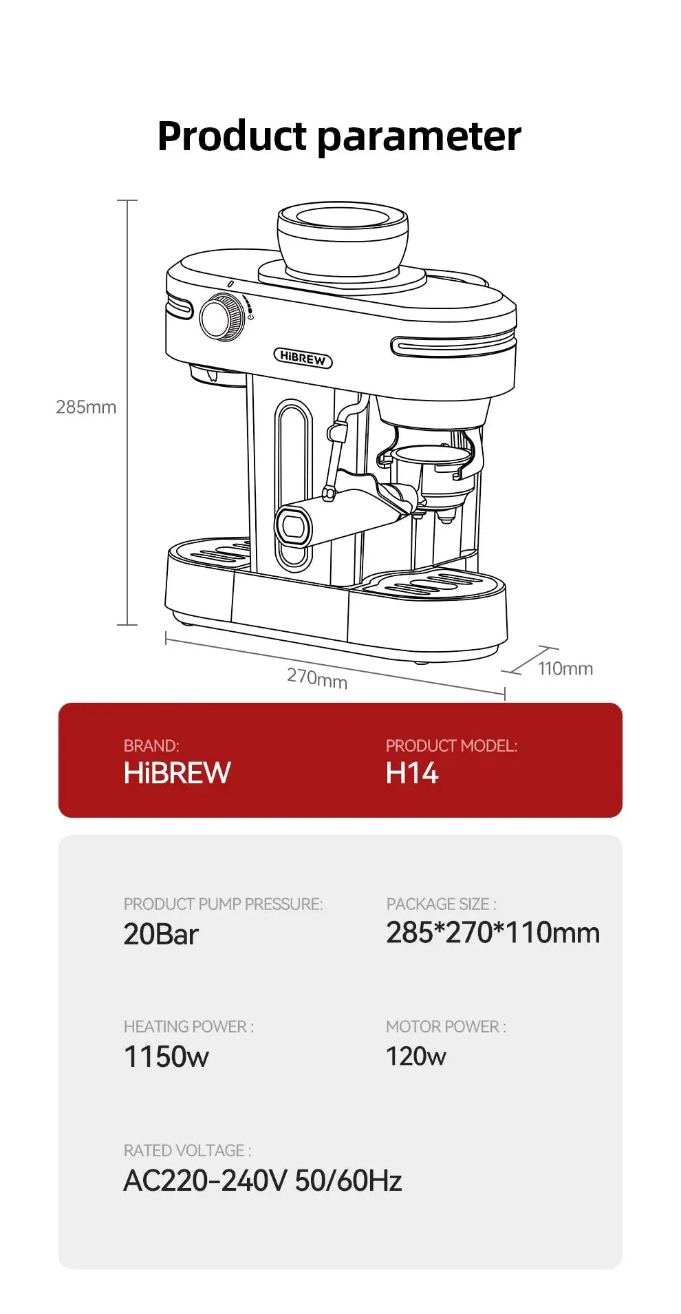 HiBREW 20 Bar Semi Automatic Espresso Coffee Maker With Grinder Bean For Cappuccino and Latte Milk Frothing System Machine H14 Torange