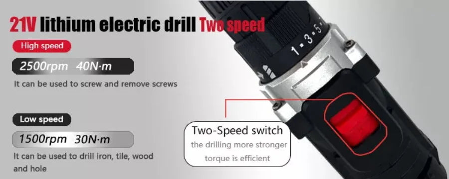 21V Electric Impact Cordless Drill High-power Lithium Battery Wireless Rechargeable Hand Drill Home DIY Electric Power Tools