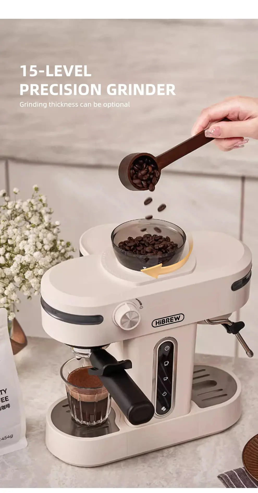 HiBREW 20 Bar Semi Automatic Espresso Coffee Maker With Grinder Bean For Cappuccino and Latte Milk Frothing System Machine H14 Torange