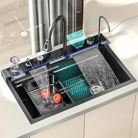 Waterfall Kitchen Sink Set 304 Stainless Steel Nano Sink Home Sink Vegetable Wash Basin Large Single Slot Digital Display Drain