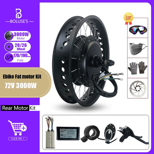 Fatbike 72V3000W Snow Electric Bicycle Conversion Kit 4.0 20”24”26”Tire Wheel Hub Motor Rear Dropout 170mm/190mm