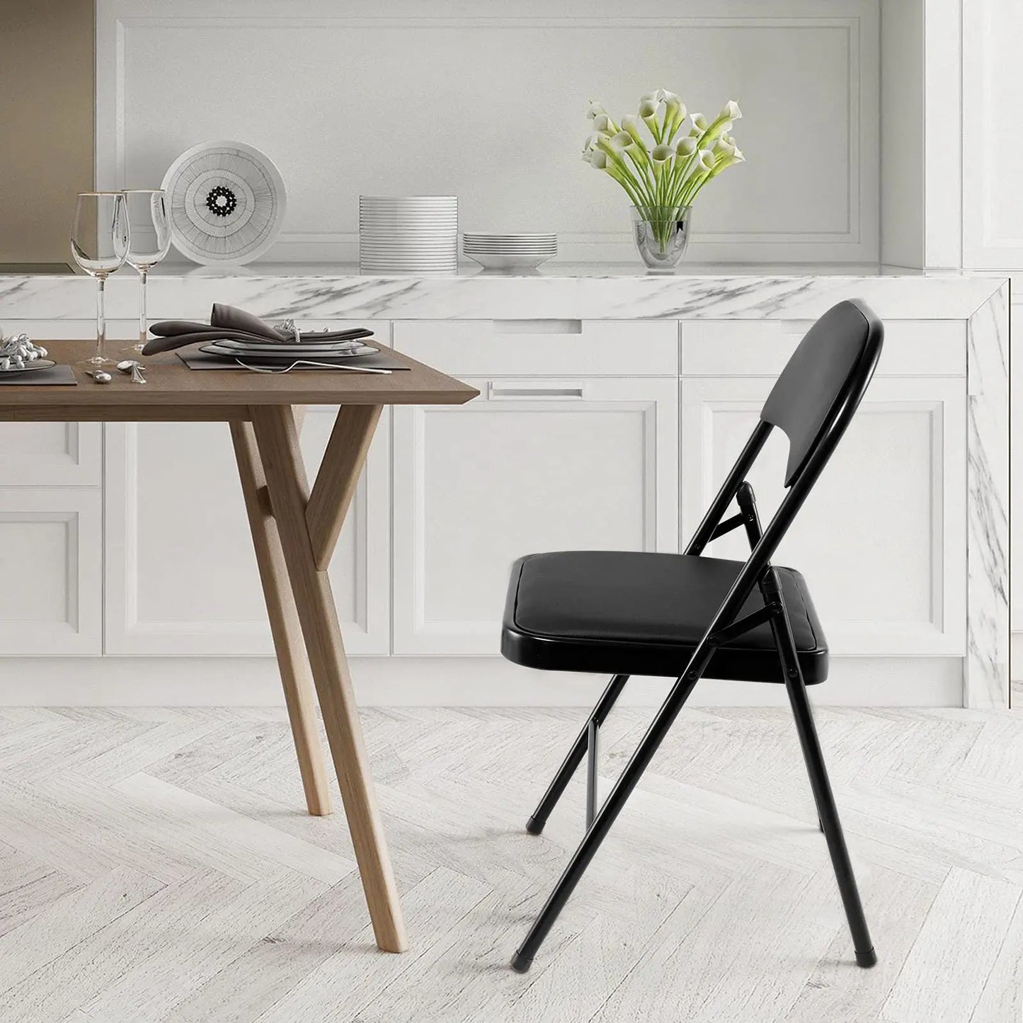 Black Metal Folding Chair Foldable Computer Desk Office Party Back Rest Chairs