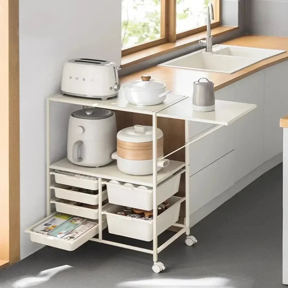 Multi Layer Kitchen Cart Side Cabinets Moving Cabinet Multi-Functional Fold Extension Design Handcart  Microwave Storage Cart