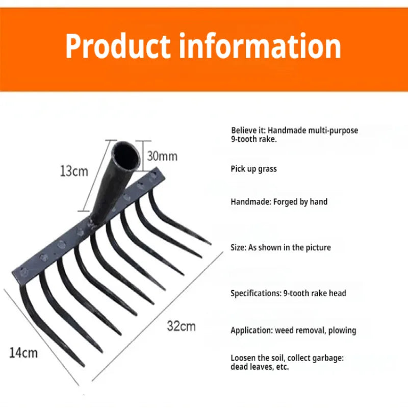 Laborsaving Manganese Steel Ninetooth Nail Rake Weeding Hoe Rake Nail Harrow Metal Harrow Gardening Agricultural Tool