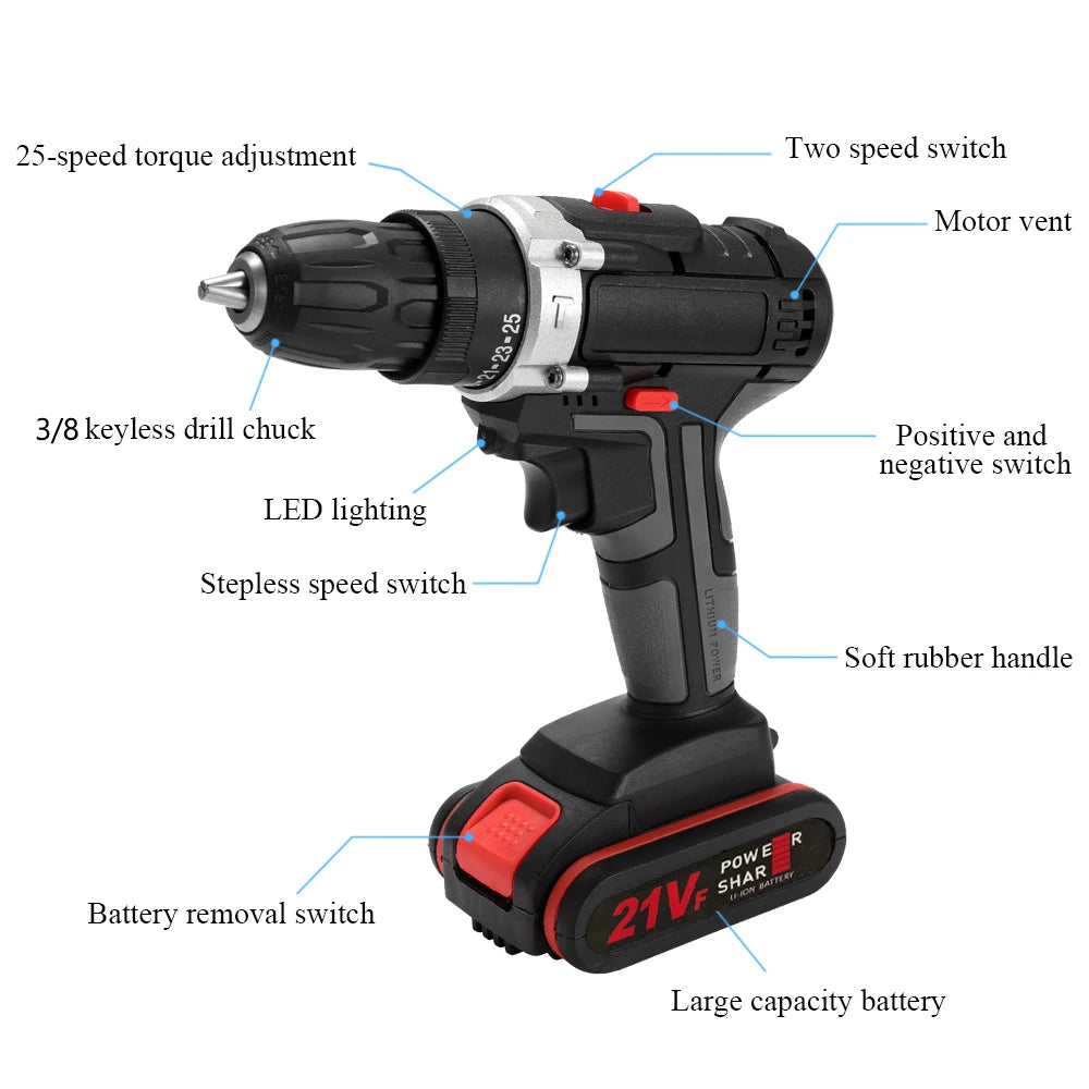 21V Electric Impact Cordless Drill High-power Lithium Battery Wireless Rechargeable Hand Drill Home DIY Electric Power Tools
