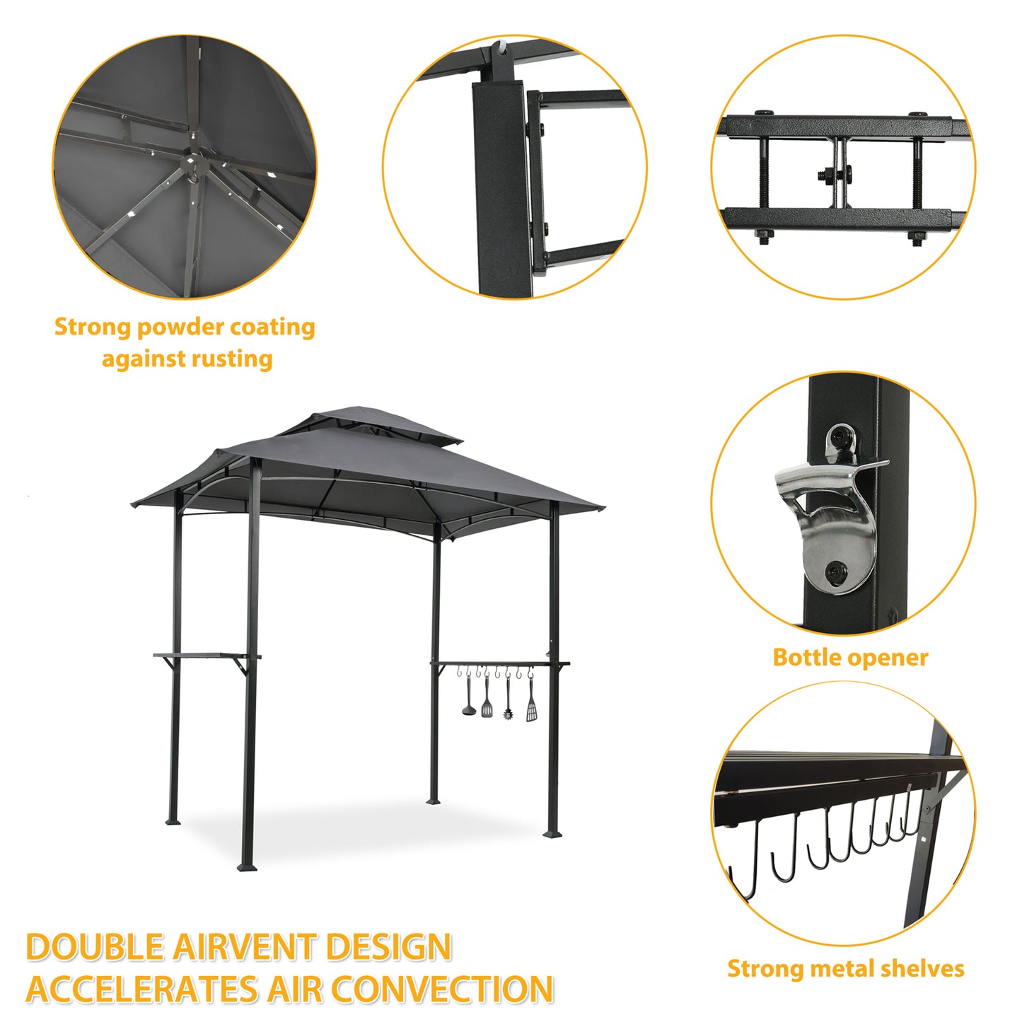 Outdoor Grill Gazebo 8 x 5 Ft, Shelter Tent, Double Tier Soft Top Canopy and Steel Frame with hook and Bar Counters, Grey [Sale to Temu is Banned.Weekend can not be shipped, order with caution] - Torange