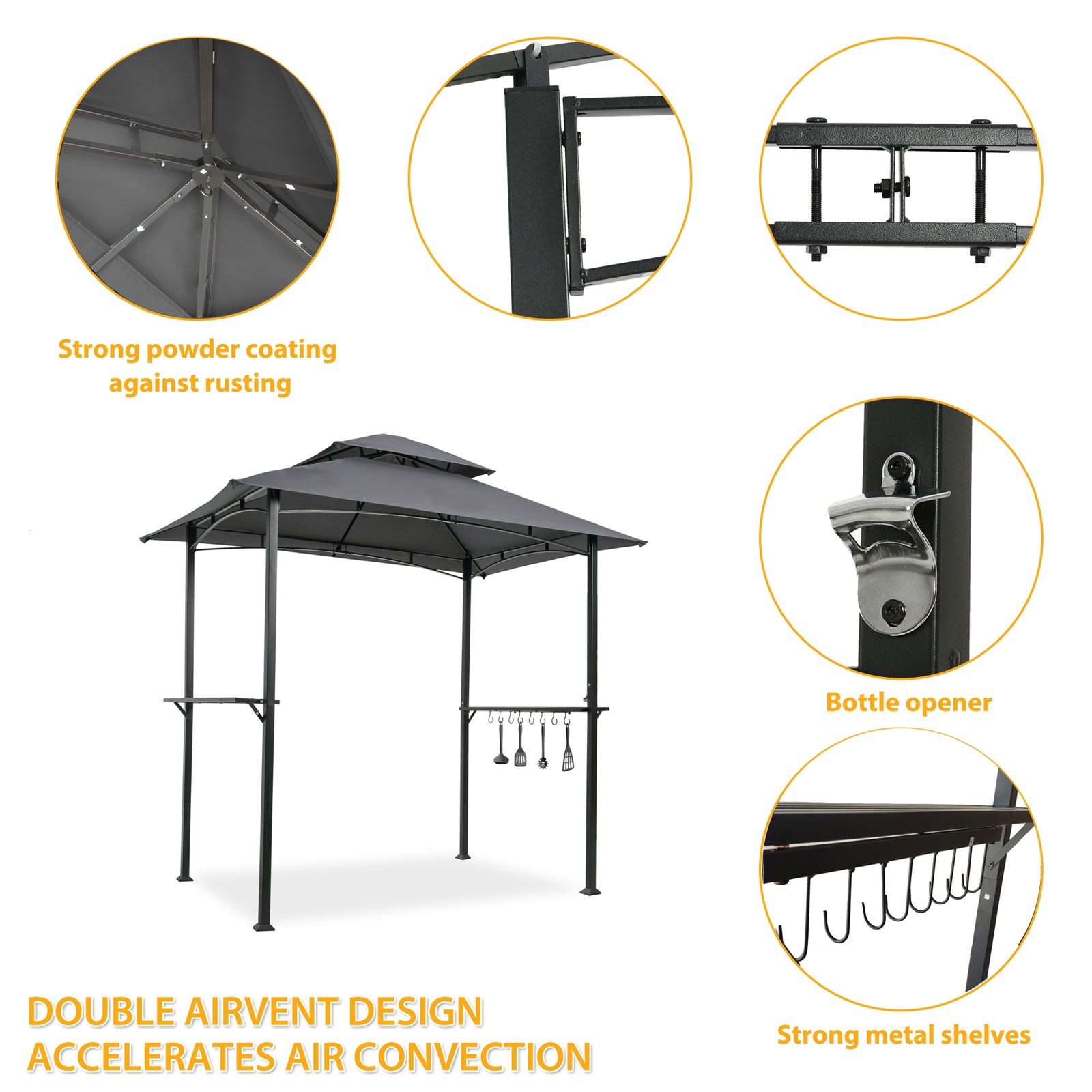 Outdoor Grill Gazebo 8 x 5 Ft, Shelter Tent, Double Tier Soft Top Canopy and Steel Frame with hook and Bar Counters, Grey [Sale to Temu is Banned.Weekend can not be shipped, order with caution] - Torange