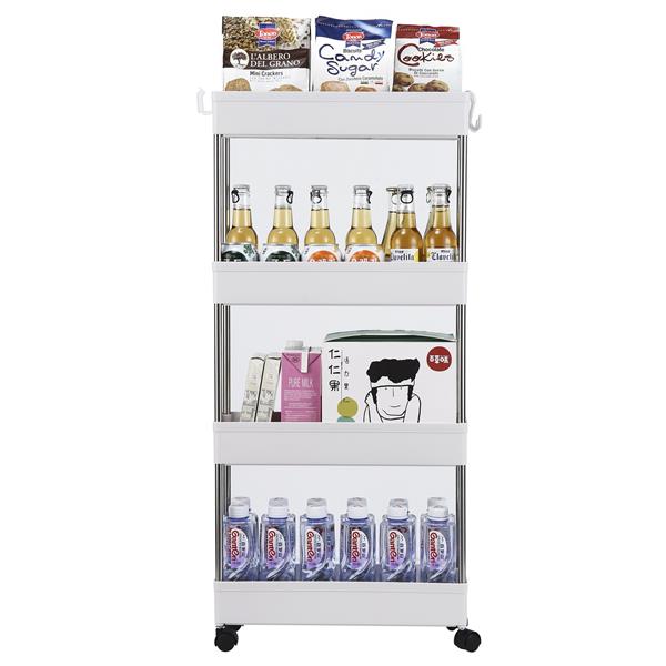 4-Layer Ultra-thin, Mobile Multi-functional Slim Storage Cart,Suitable for Kitchen, Bathroom, Laundry Room Narrow Place, Plastic and Stainless Steel, White - Torange