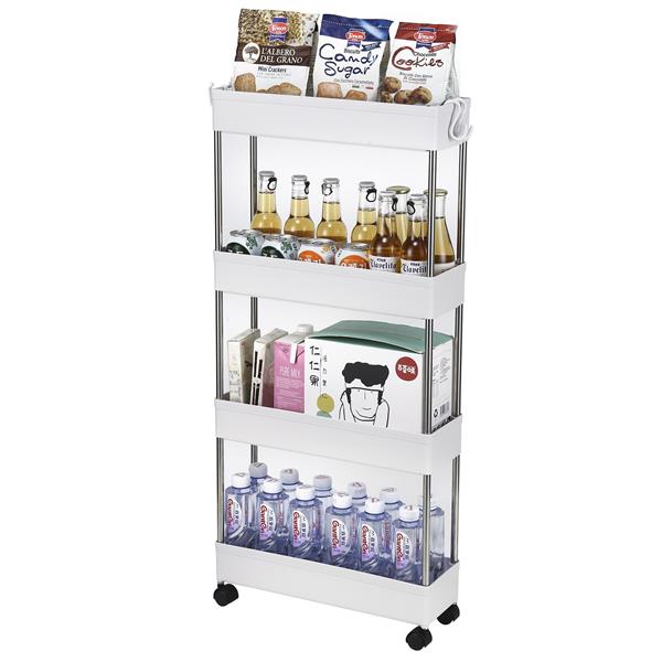 4-Layer Ultra-thin, Mobile Multi-functional Slim Storage Cart,Suitable for Kitchen, Bathroom, Laundry Room Narrow Place, Plastic and Stainless Steel, White - Torange