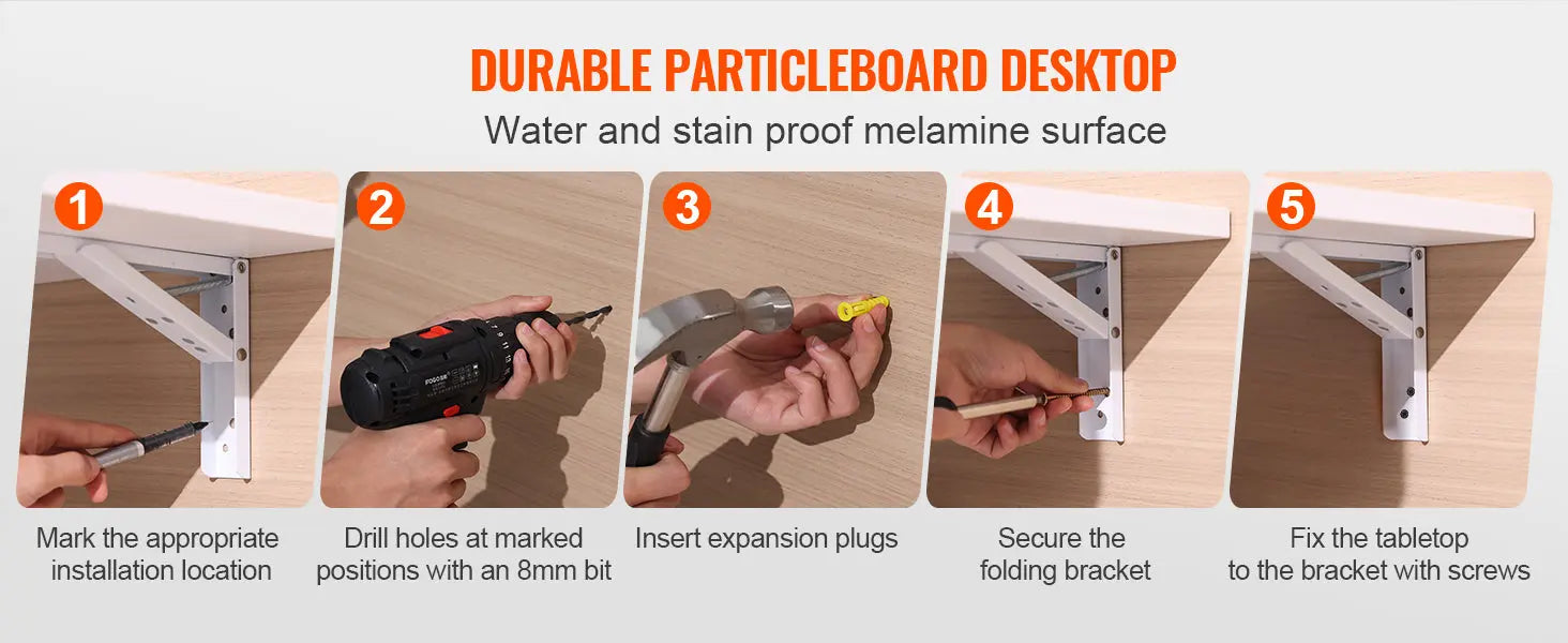 VEVOR Wall Mounted Folding Table Wall Mount Drop Leaf Table with Carbon Steel Bracket Wooden Desk for Dining Laundry Room Office Torange